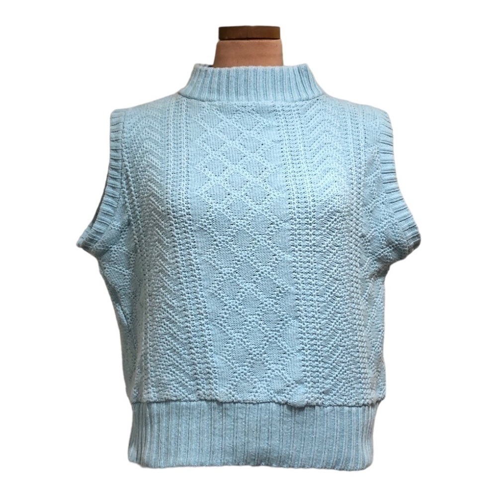Vintage Sweater Vest Size Medium Pastel Blue Diagonal Cable Knit Mock Neck